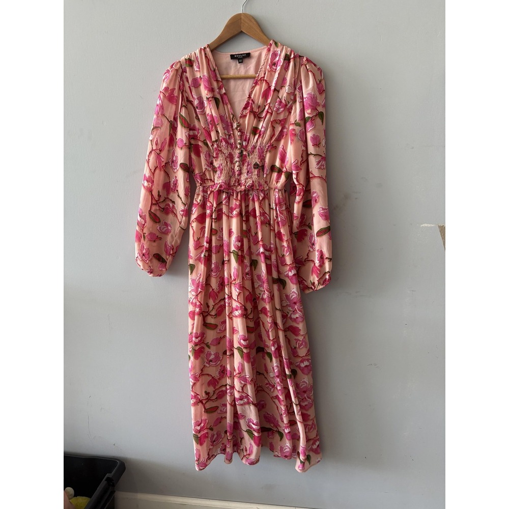 Beulah Style Dress Womens One Size Pink Floral Smocked V Neck Maxi Long Sleeve